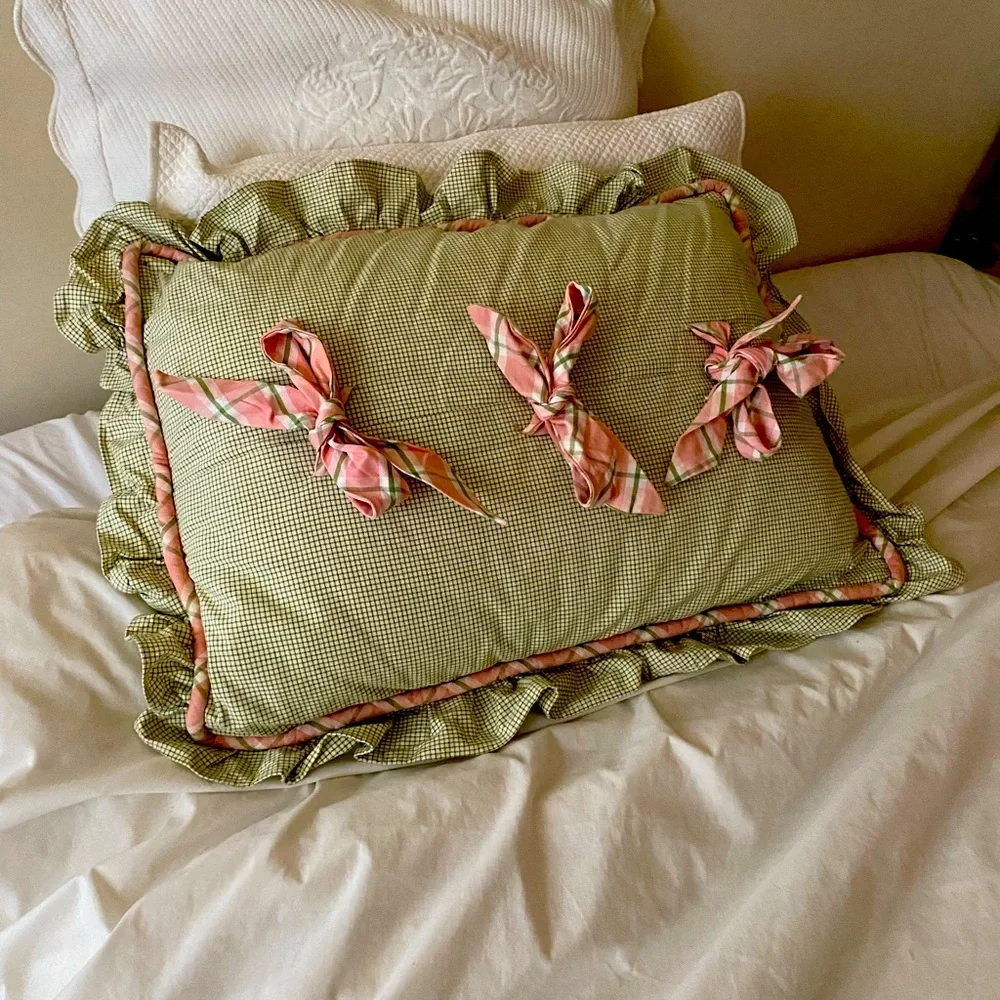 Pink & Green Piped Gingham and Plaid Pillow Sham by Luxury Designer Catfish Bite